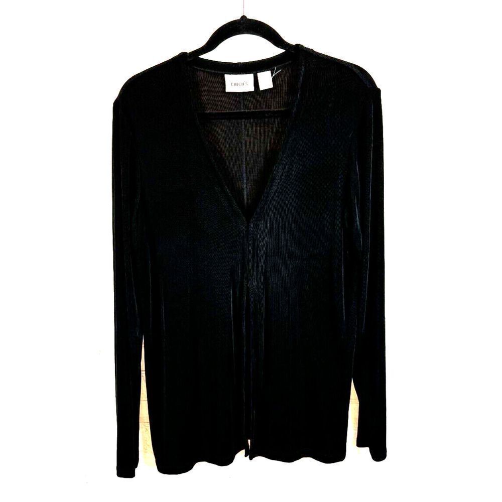 CHICO'S TRAVELERS black knit hook and loop front cardigan sweater 1 M